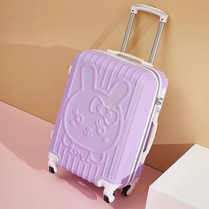 Purple suitcase with a cartoon character design on a pink and beige background