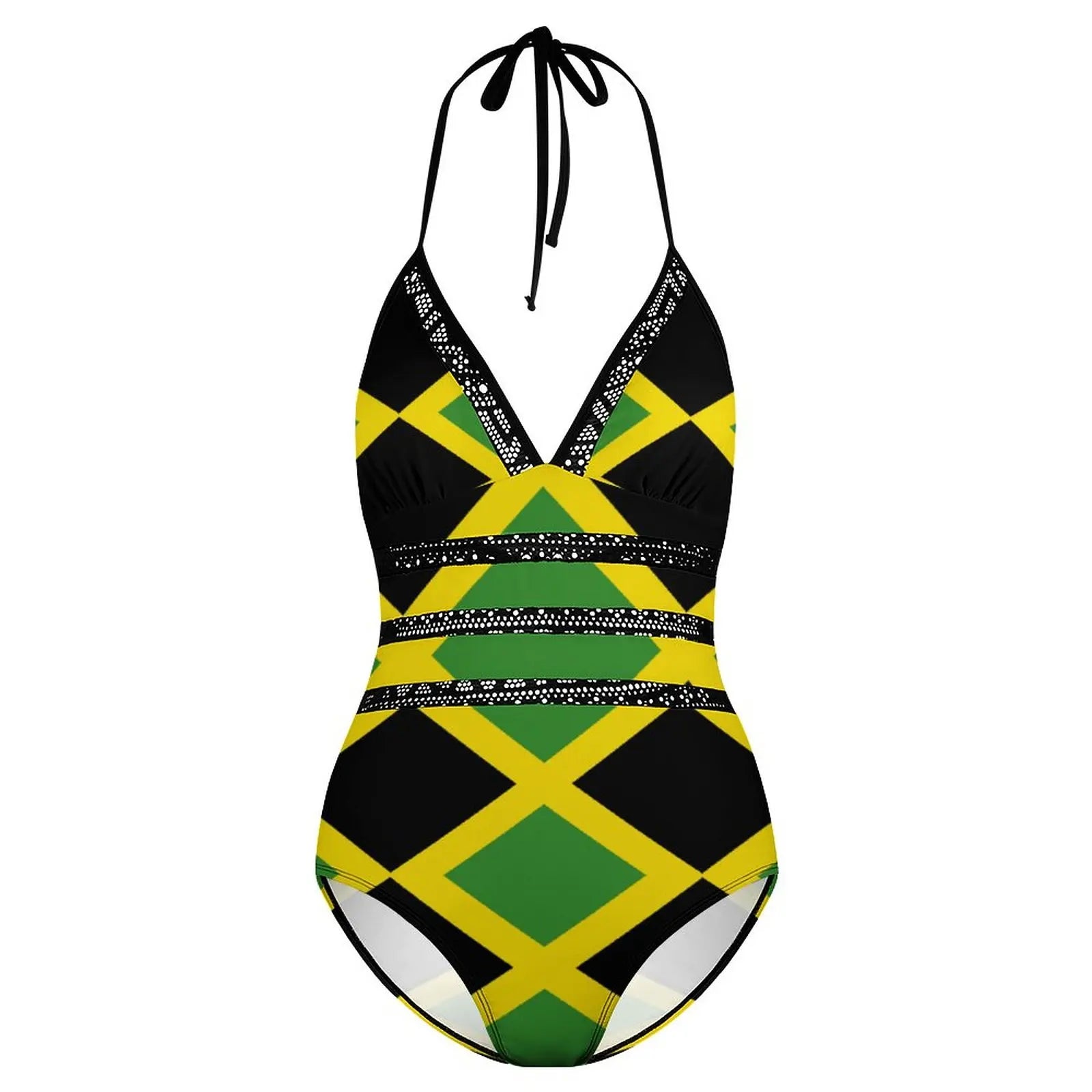 One-piece swimsuit with Jamaican flag pattern on a white background