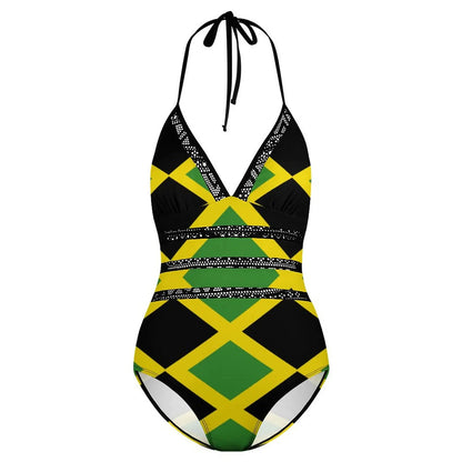 One-piece swimsuit with Jamaican flag pattern on a white background