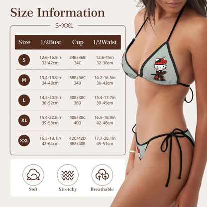 Bikini with Hello Kitty design and size chart on a beige background