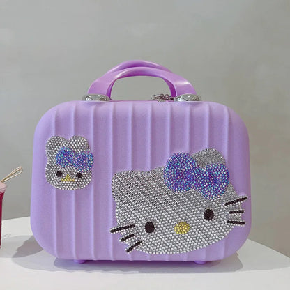 Purple makeup case with a cat face design on a white surface