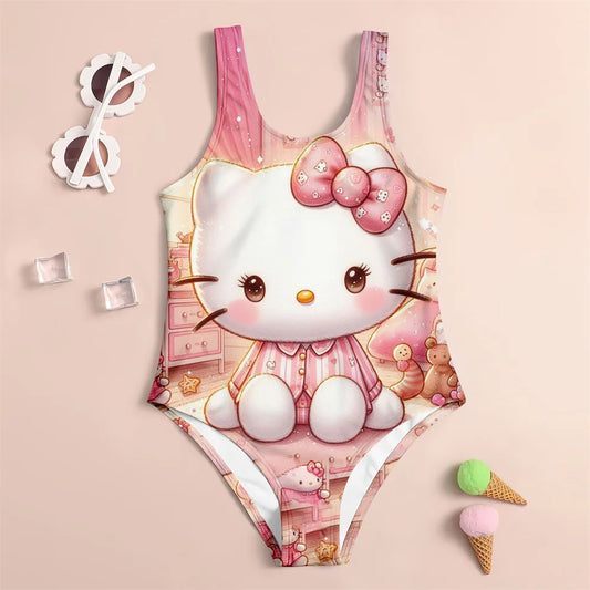 Hello Kitty swimsuit on a pink background with sunglasses and ice cream cones.