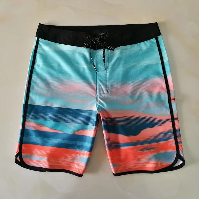 Colorful striped shorts with black waistband on a beige background