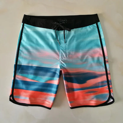 Colorful striped shorts with black waistband on a beige background