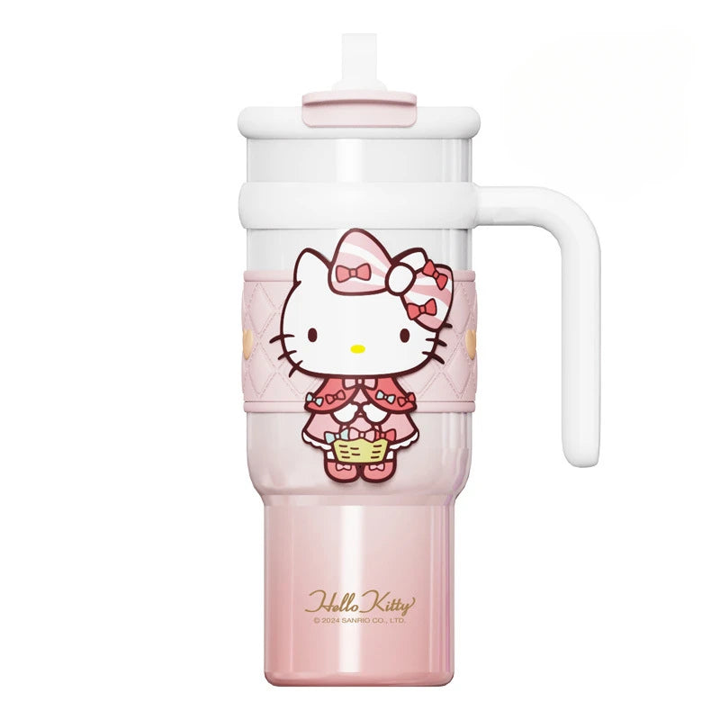 Pink water bottle with Hello Kitty design on a white background
