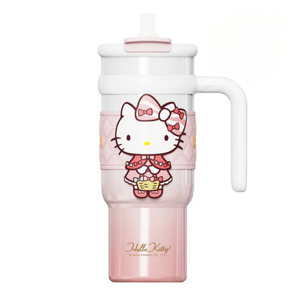 Pink water bottle with Hello Kitty design on a white background