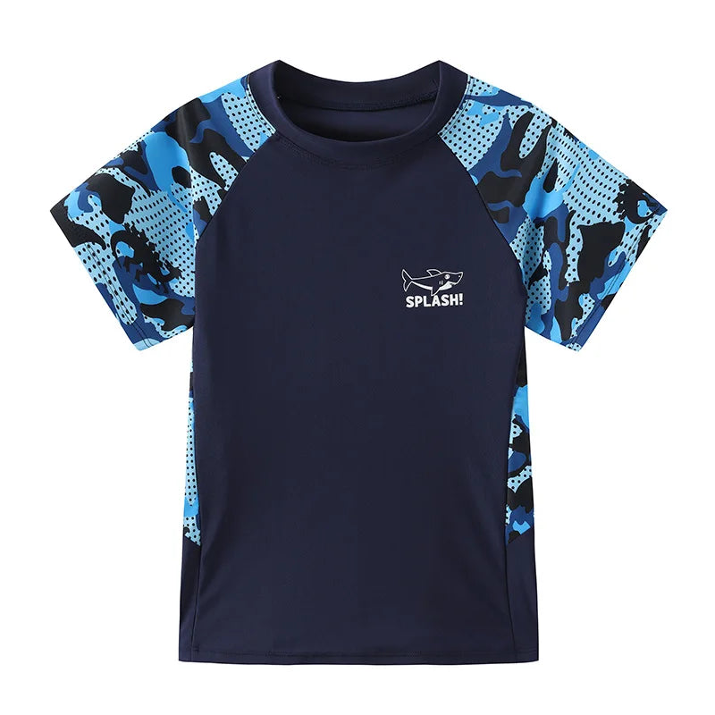 Navy blue swim shirt with blue camouflage sleeves on a white background