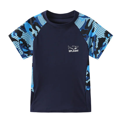 Navy blue swim shirt with blue camouflage sleeves on a white background