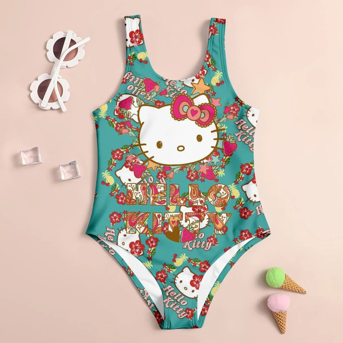 Hello Kitty swimsuit with floral and text design on a beige background