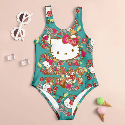 Hello Kitty swimsuit with floral and text design on a beige background