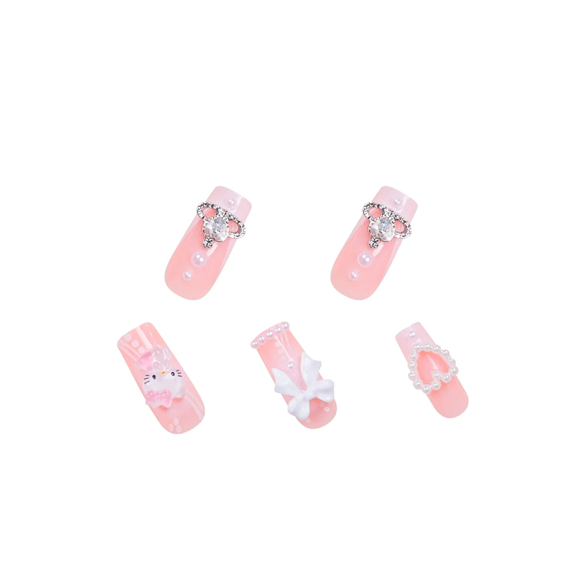 Set of pink nail art designs with decorative elements on a white background