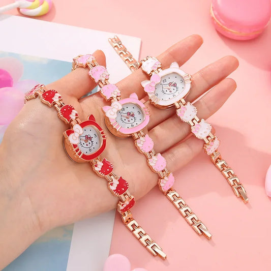 Three decorative wristwatches with floral designs on a pink background