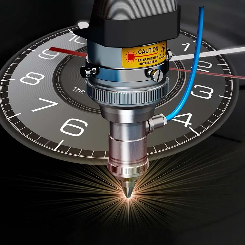 Laser engraving machine on a clock face with 'CAUTION' label