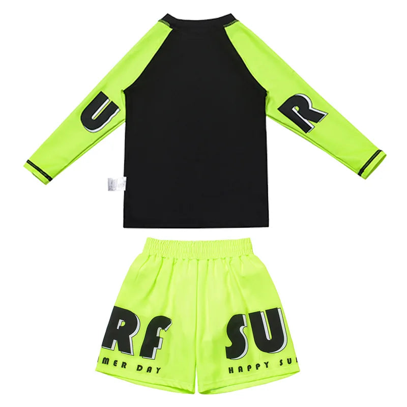 Black and neon green children's swim set with text on a white background