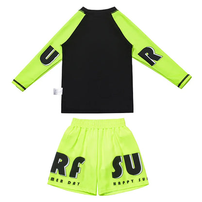 Black and neon green children's swim set with text on a white background