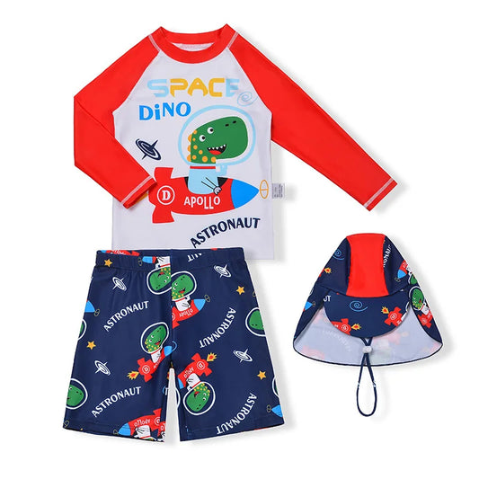 Children's space-themed swimsuit set with shirt, shorts, and hat on a white background