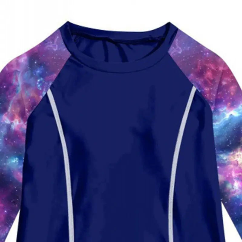 Navy blue long-sleeve shirt with white accents on a colorful galaxy background
