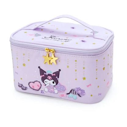 Purple cosmetic bag with cartoon character and star patterns on a white background