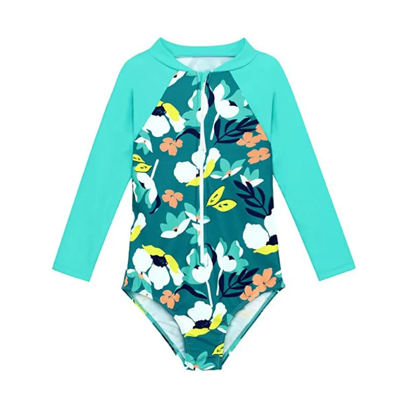 Children's swimsuit with floral pattern on a white background