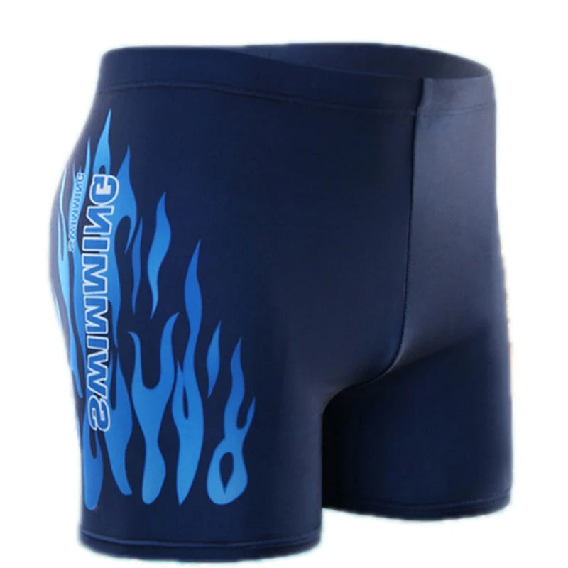 Black swim briefs with blue flame design and 'Swimming' text on a white background