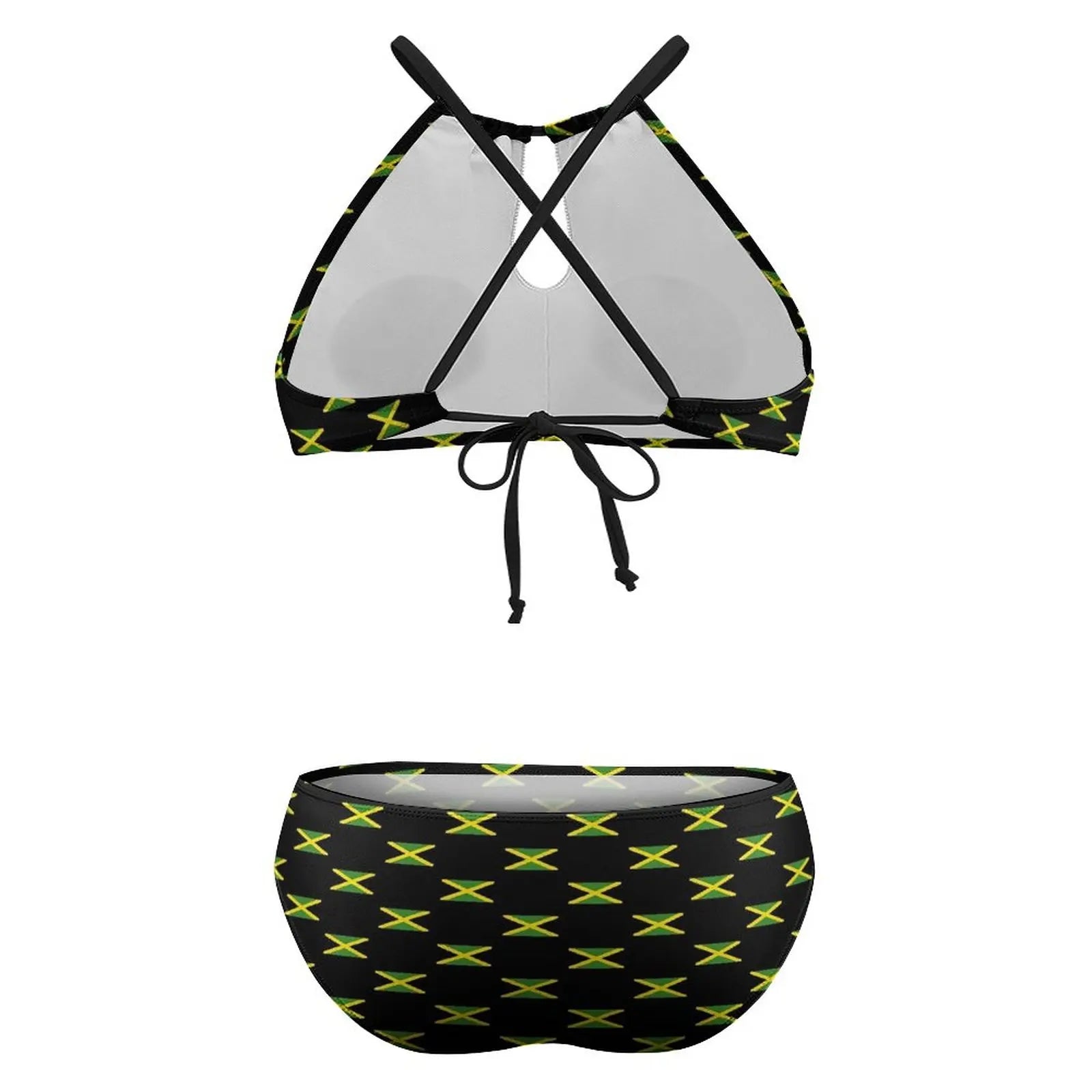 Black and yellow patterned bikini top and bottom on a white background