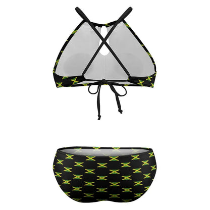 Black and yellow patterned bikini top and bottom on a white background