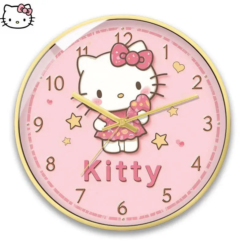 Hello Kitty clock with pink background and yellow accents