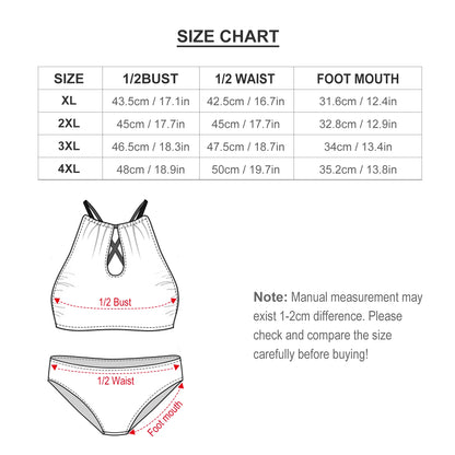 Size chart for a bra and panties set with measurements in centimeters and inches.