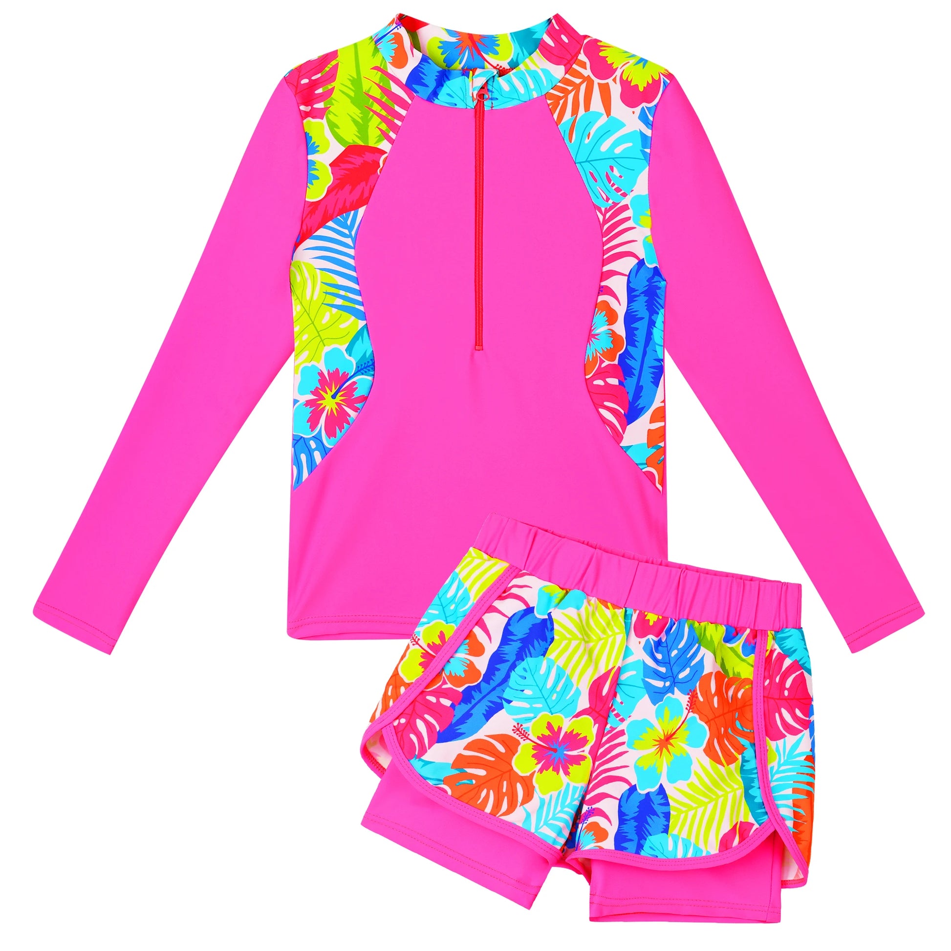 Colorful children's swimsuit set with long-sleeve top and shorts on a white background