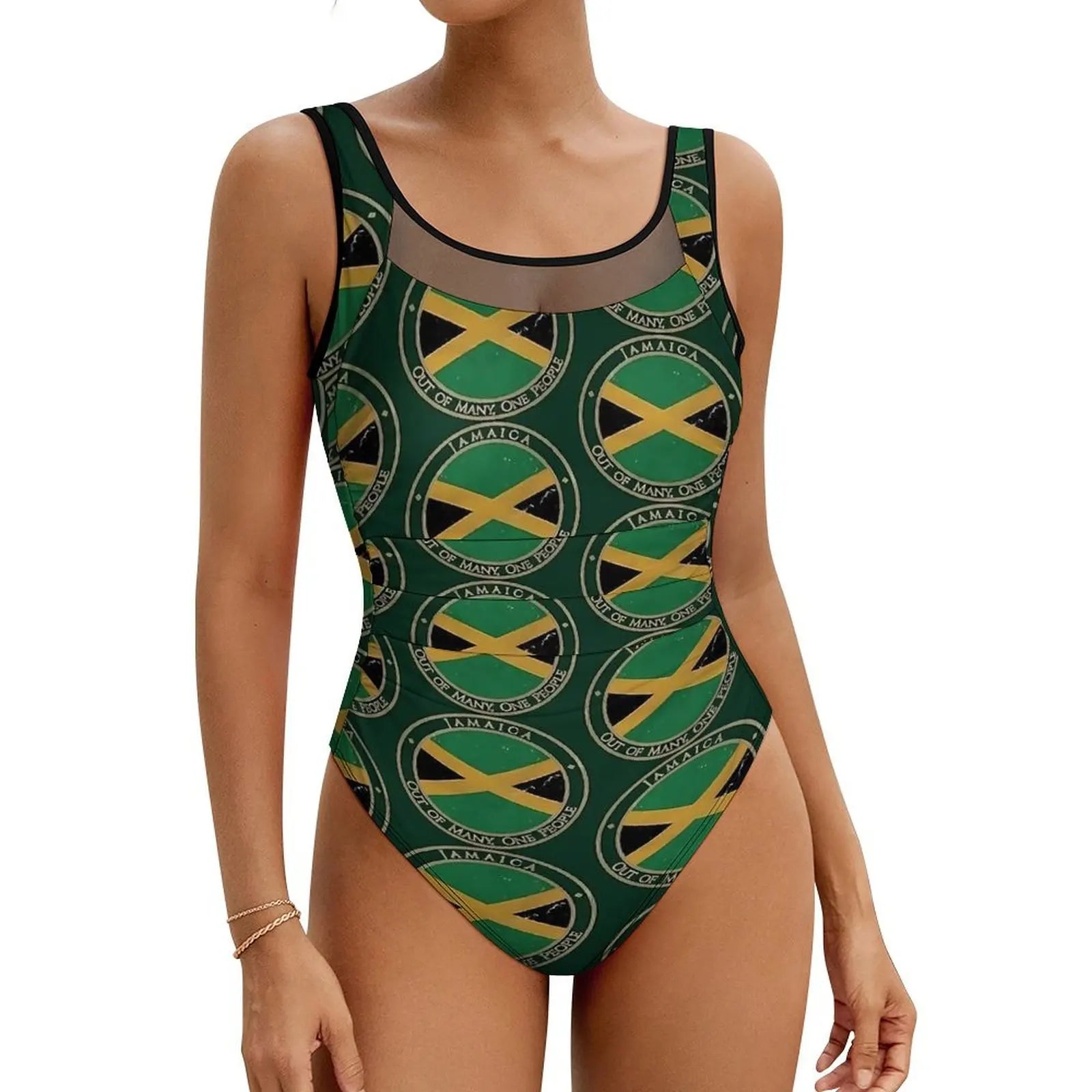 Green swimsuit with Jamaica flag pattern on a white background