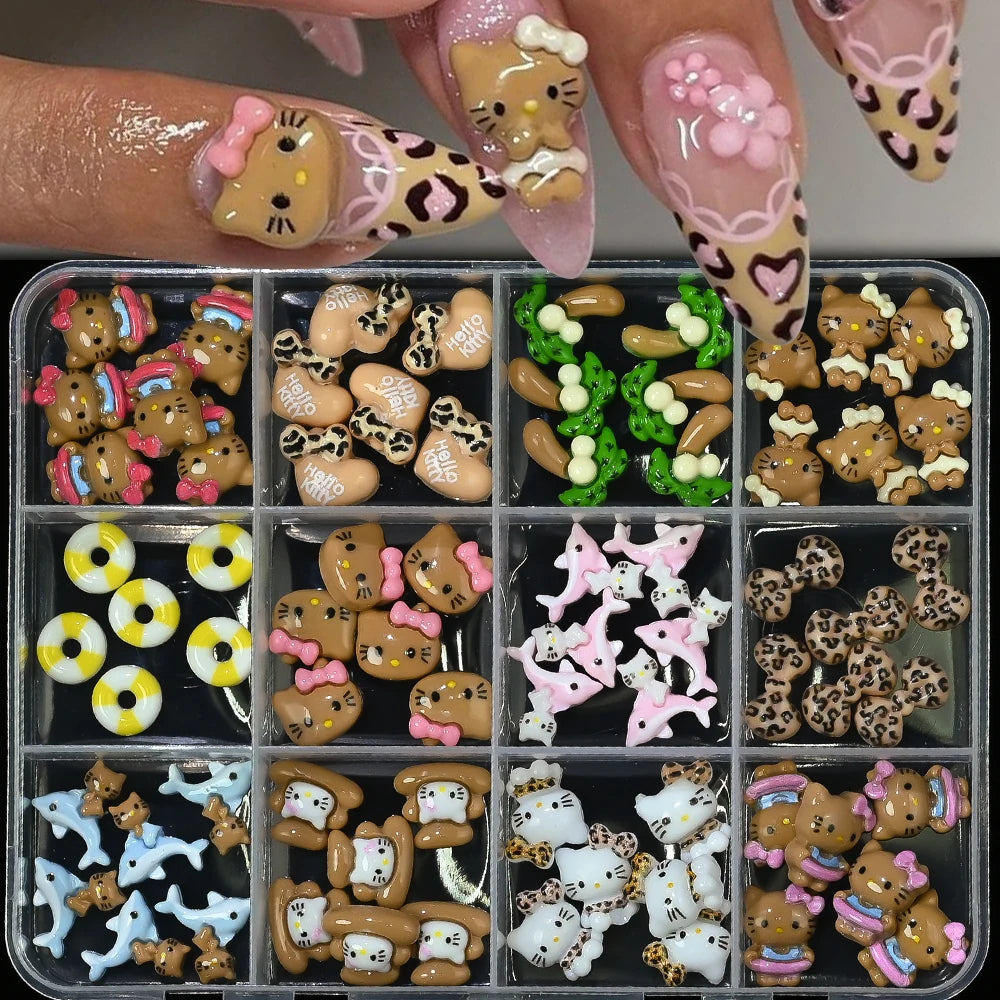 Nail art decorations in a clear container with a hand showing off decorated nails.