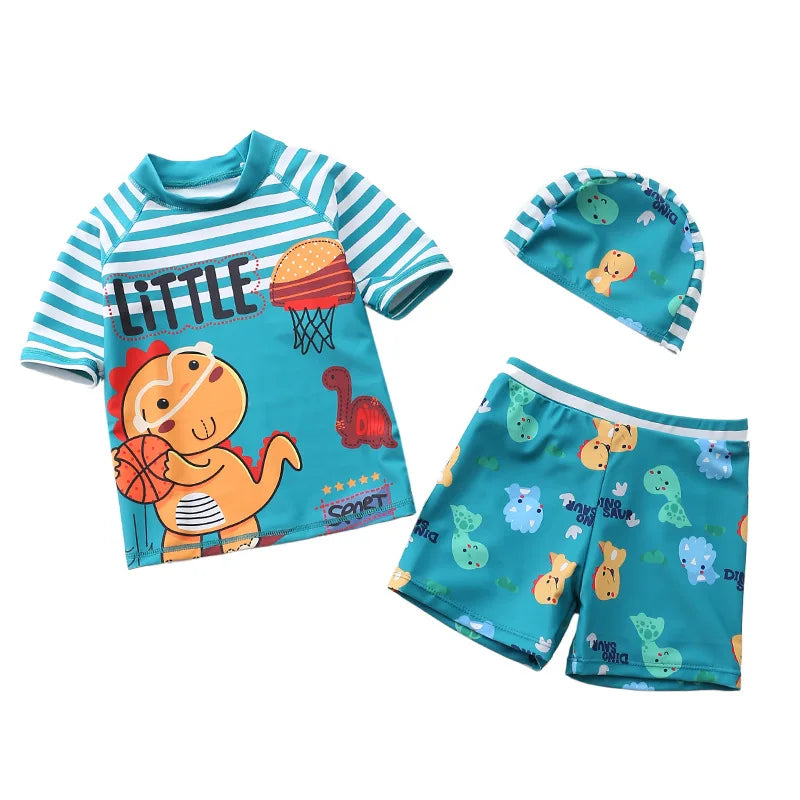 Children's swim set with striped shirt, shorts, and hat on a white background