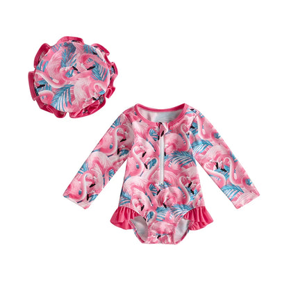 Pink flamingo swimsuit with matching hat on a white background