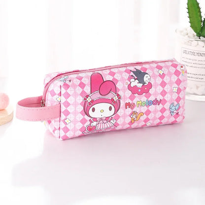 Pink pencil case with cartoon character on a white background
