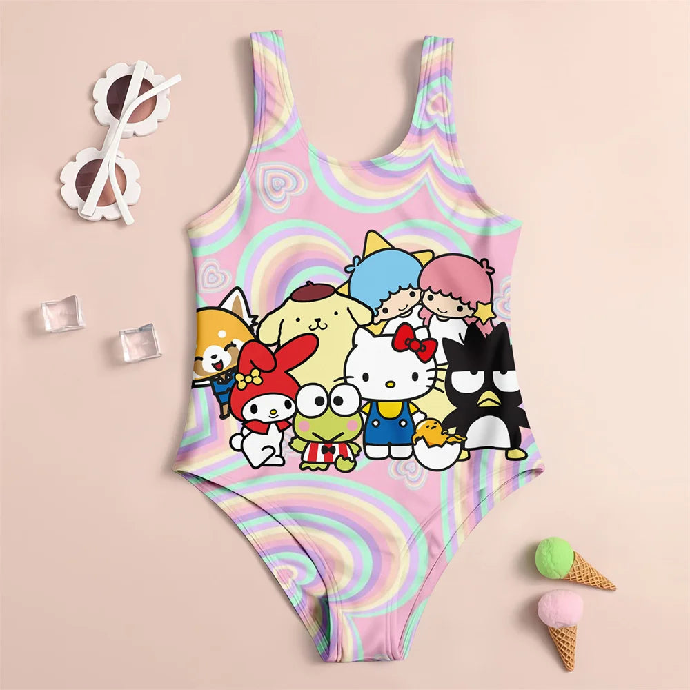 One-piece swimsuit with cartoon characters on a pink background