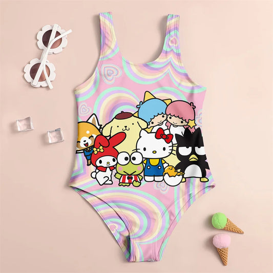 One-piece swimsuit with cartoon characters on a pink background