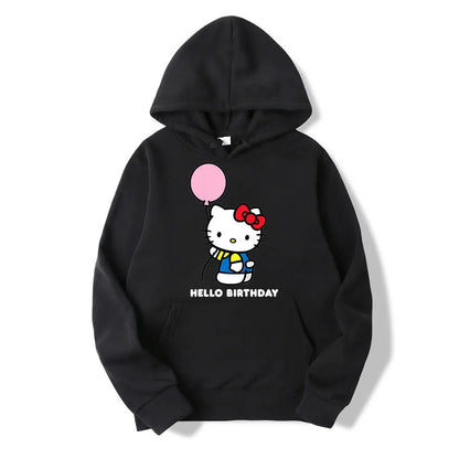 Black hoodie with Hello Kitty design and 'Hello Birthday' text on a white background
