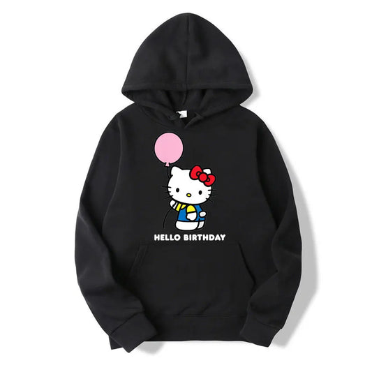 Black hoodie with Hello Kitty design and 'Hello Birthday' text on a white background