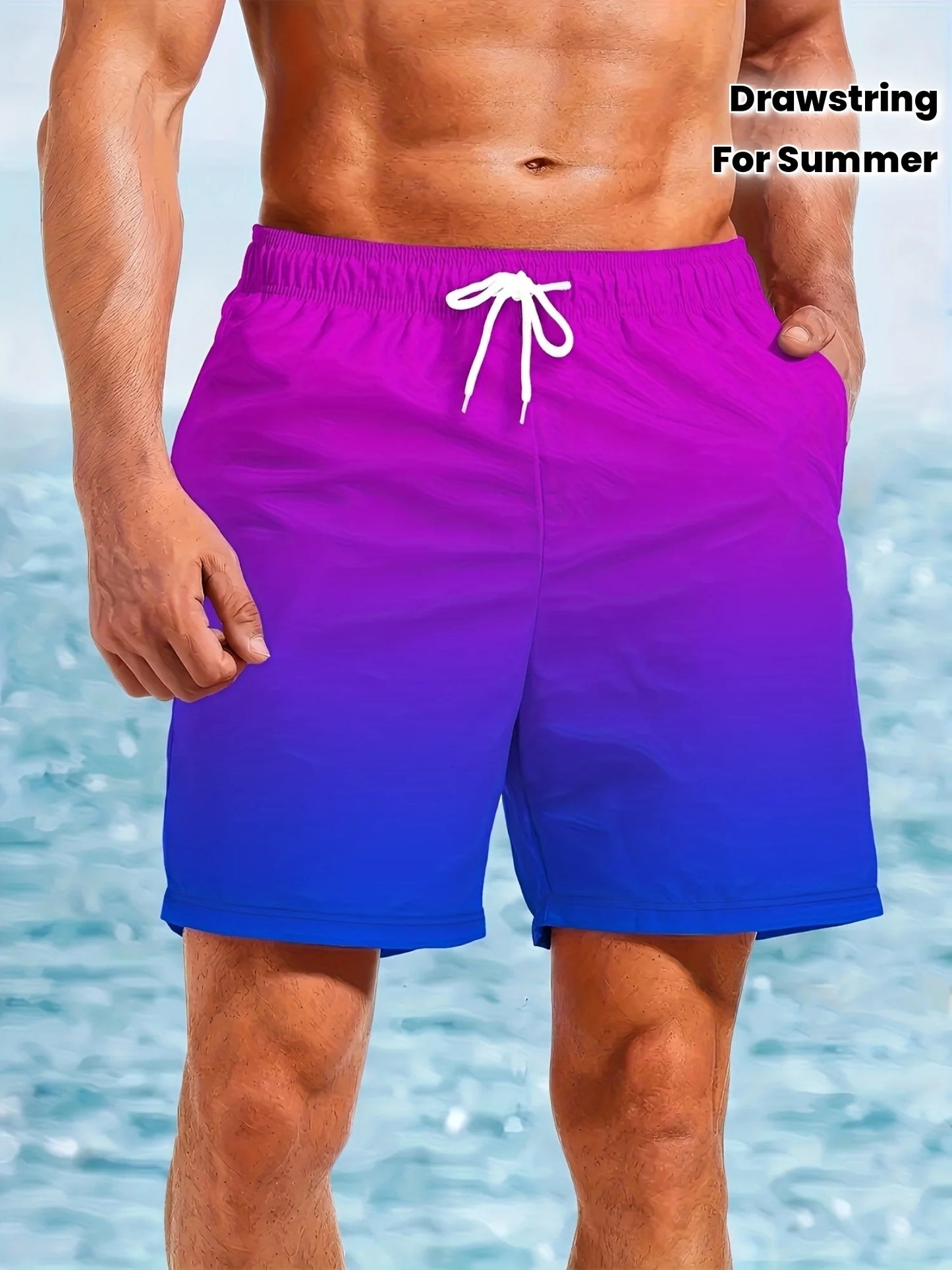 Purple swim shorts with a drawstring on a blurred beach background
