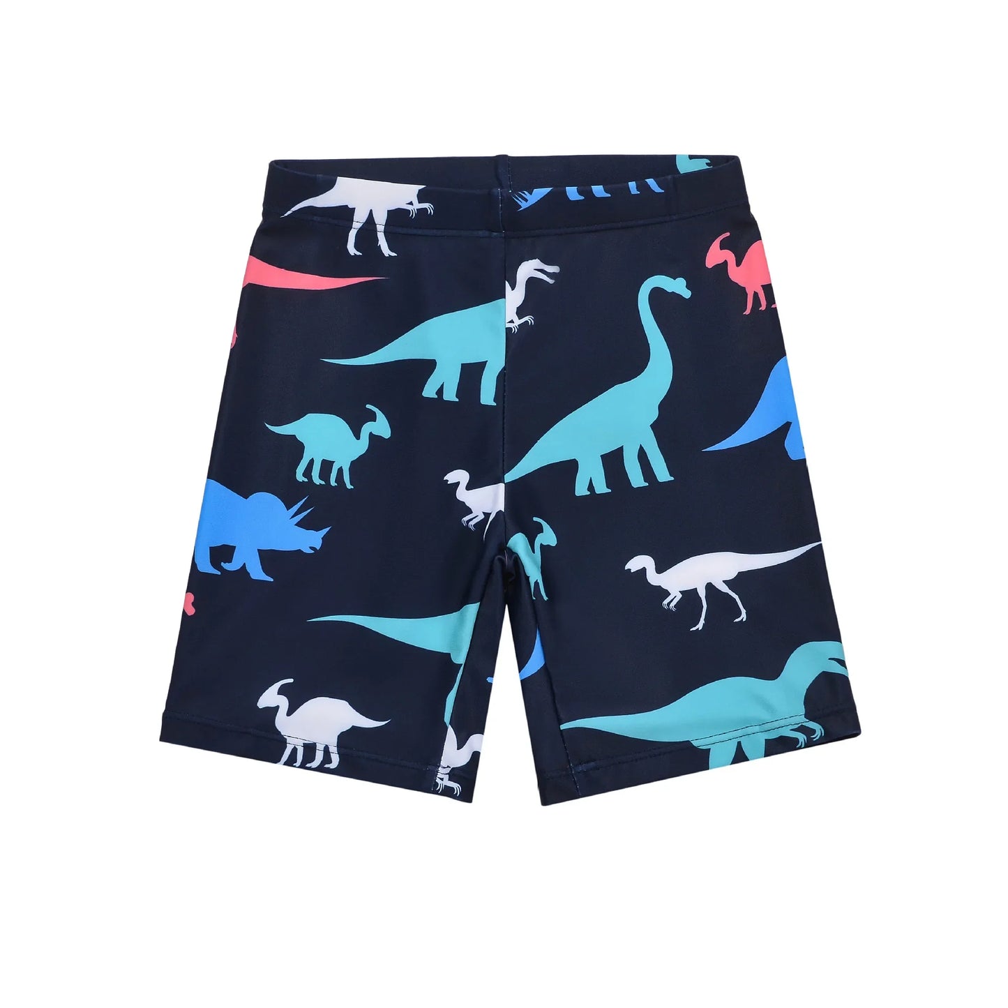 Navy shorts with colorful dinosaur pattern on a white background