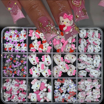 Nail art display with Hello Kitty-themed decorations and a hand with pink and gold nail polish.