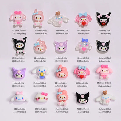 Collection of small cartoon character figurines with measurements displayed below each.