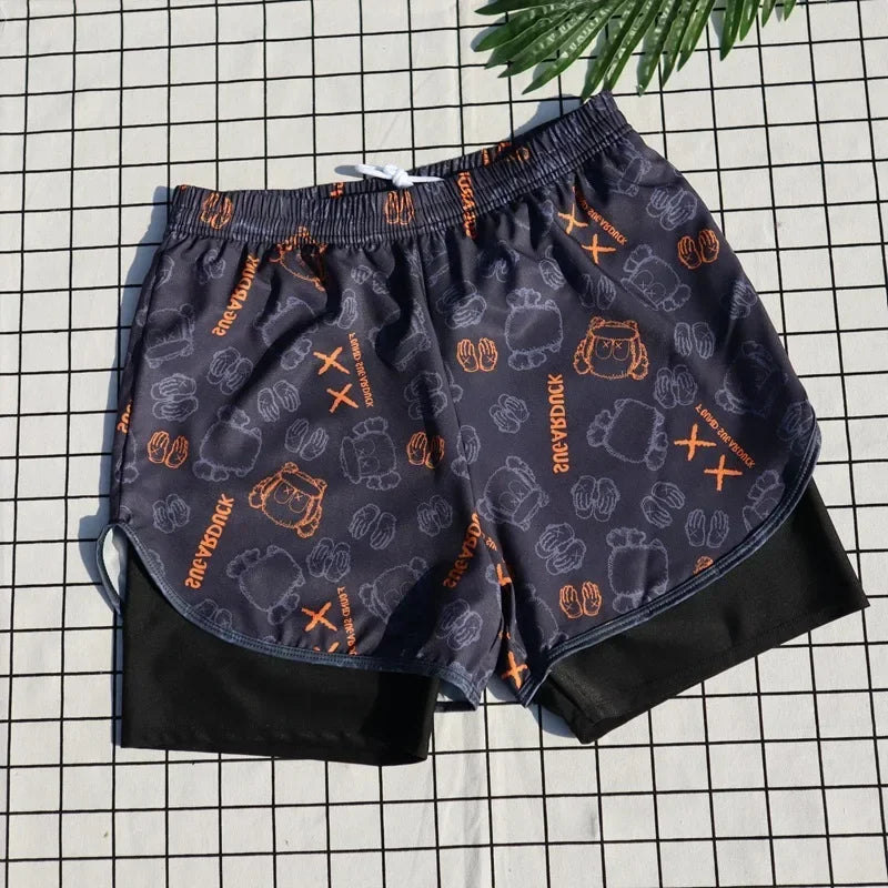 Patterned shorts on a grid background