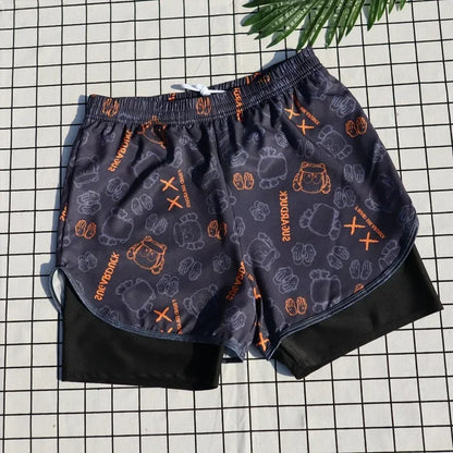 Patterned shorts on a grid background