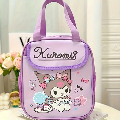 Purple lunch bag with cartoon character and 'Kuromi' branding on a light background