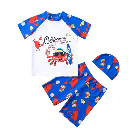 Children's swim set with blue and red crab patterns on a white background