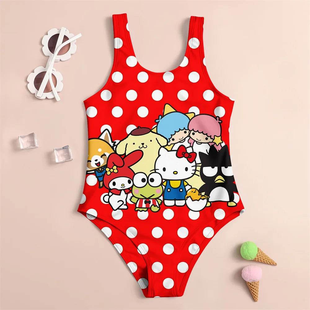 Red polka dot swimsuit with cartoon characters on a beige background