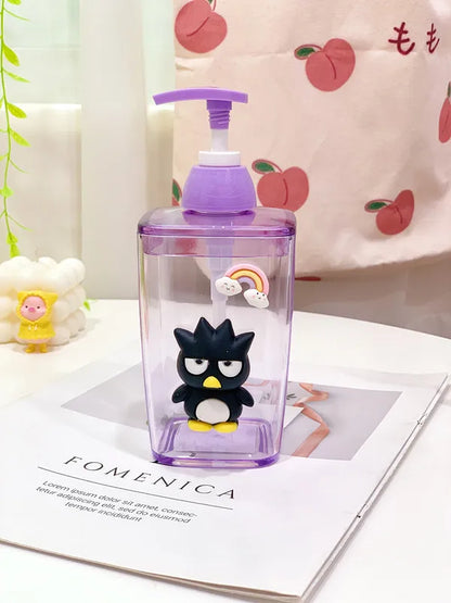 Purple bottle with a cartoon character on a white surface