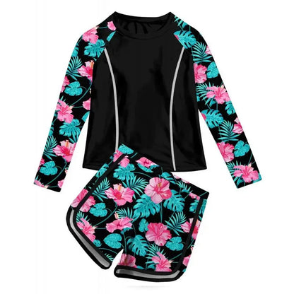 Two-piece swimsuit with floral pattern on a white background