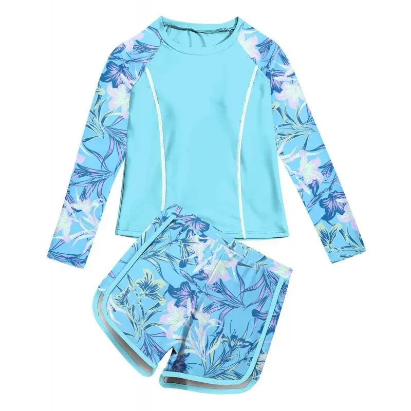 Children's two-piece swimsuit with floral pattern on a white background